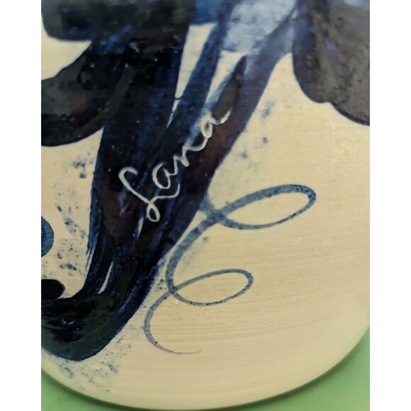 Crock Cobalt Blue Floral Design Stoneware Pottery Vase Crockery 8" X 7" Signed - Picture 3 of 6